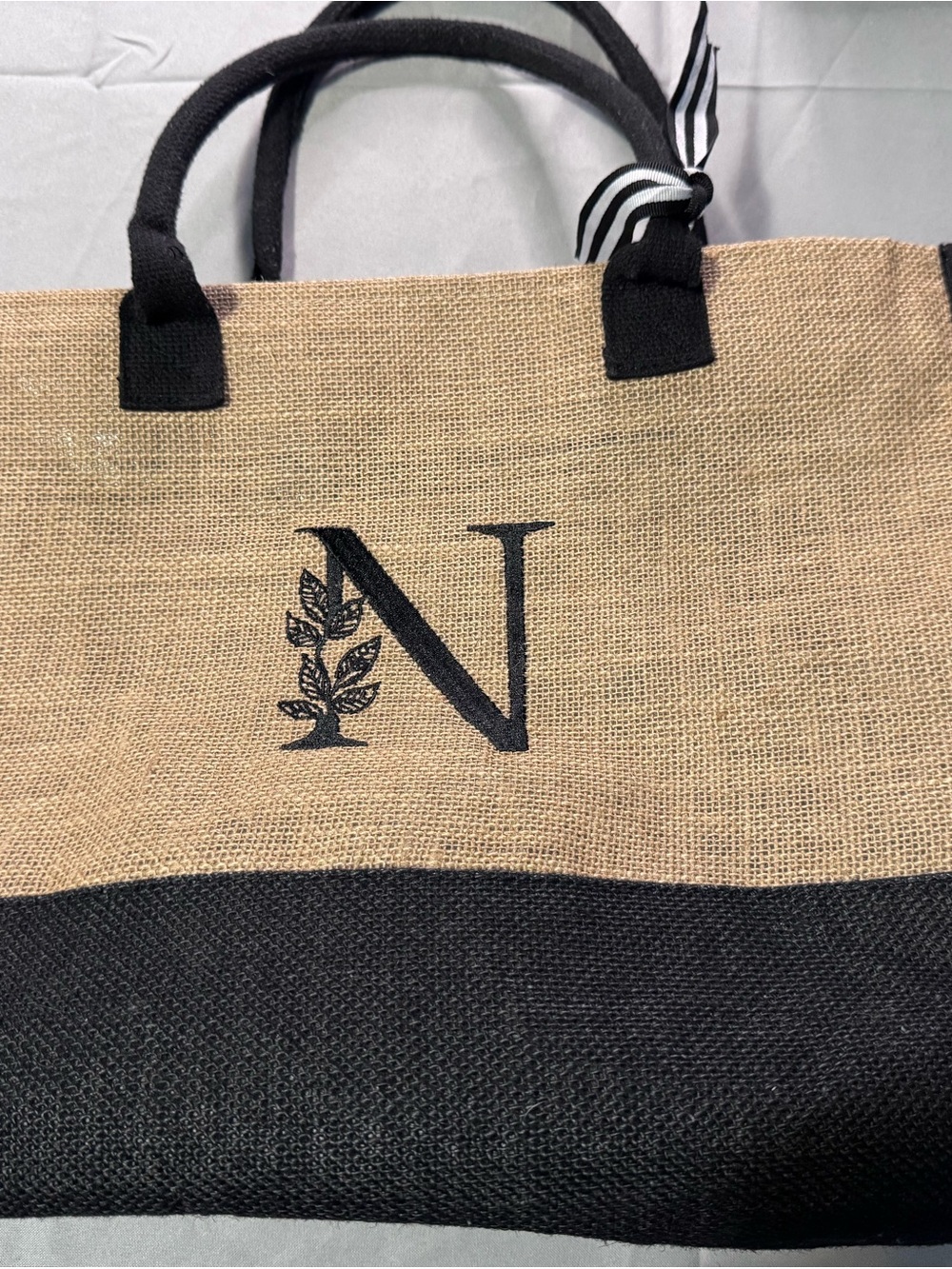 Monogram N Natural and Black Jute Tote Bag
